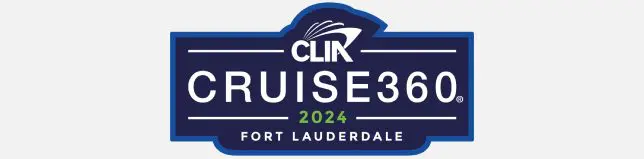 A blue and white sticker with the words " clik cruise 3 0 2 4 fort lauderdale ".