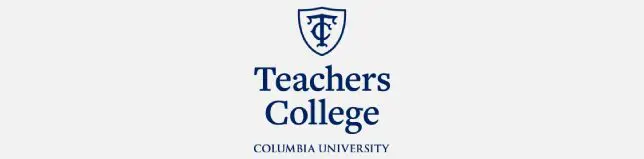 A blue and white logo for teachers college.